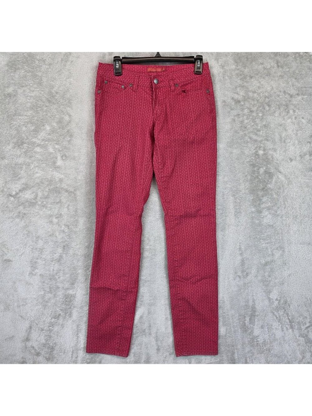 PrAna Kara Skinny Jeans Womens 4/27 Red Geo Print Organic Cotton Stretch Denim